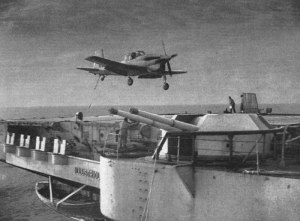 Deck landing practice on Illustrious. Aircraft Boulton Paul Bailliol trainer