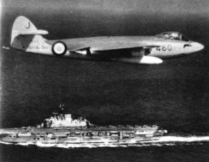 Supermarine Sea Hawk flying over HMS Eagle